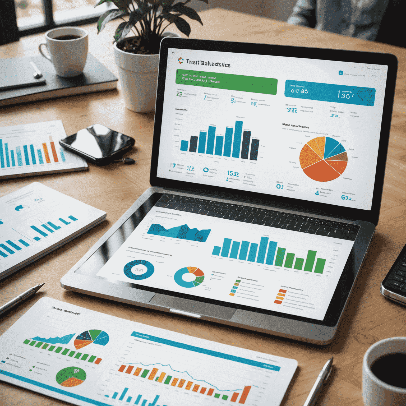 A digital dashboard showing various trust industry metrics and trends, with graphs and charts displaying positive growth indicators