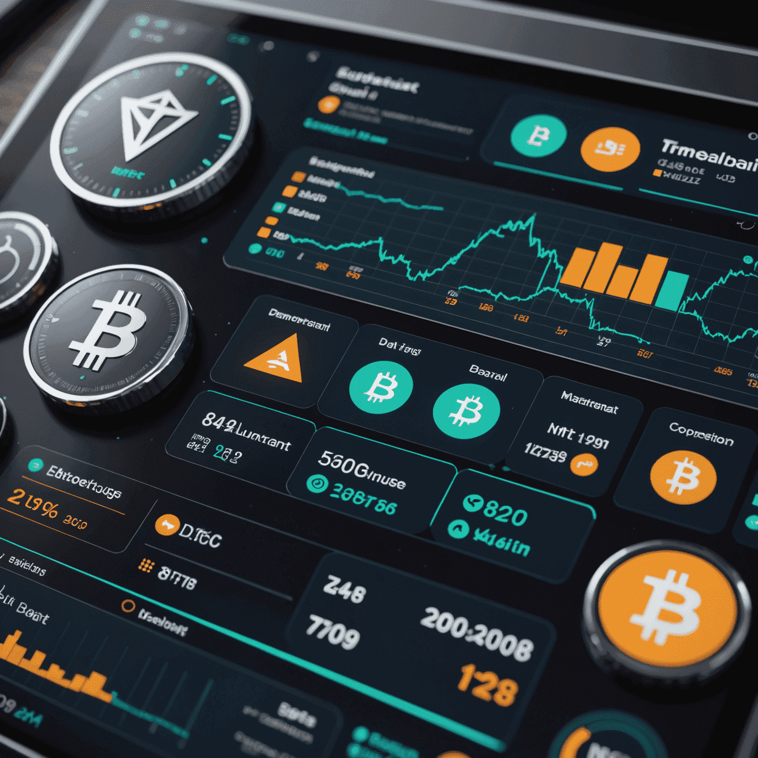 A futuristic interface showing digital asset management with cryptocurrencies and NFTs integrated into a trust dashboard