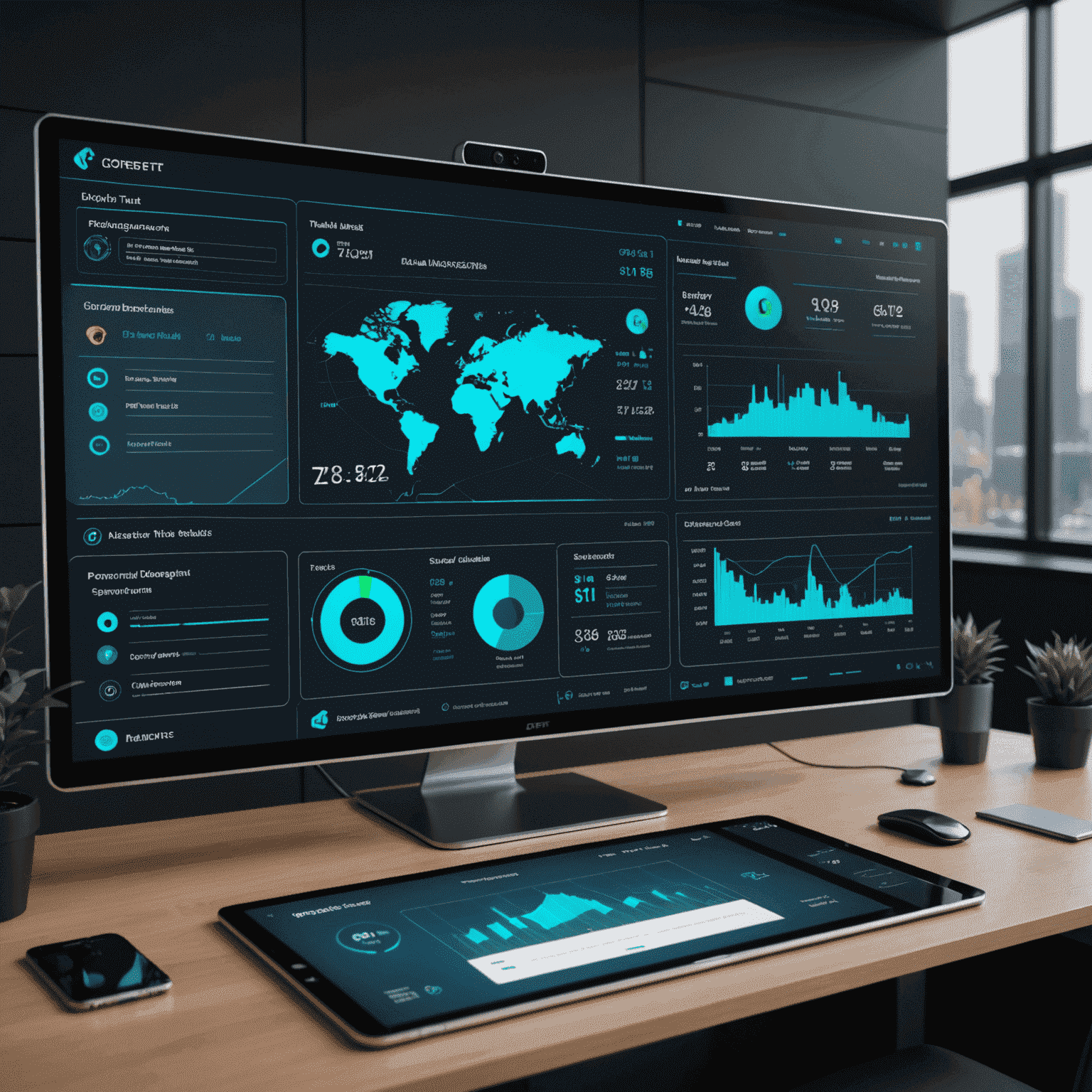 A futuristic dashboard displaying CoreFirst's new trust management solutions, with holographic projections of financial data and client portfolios