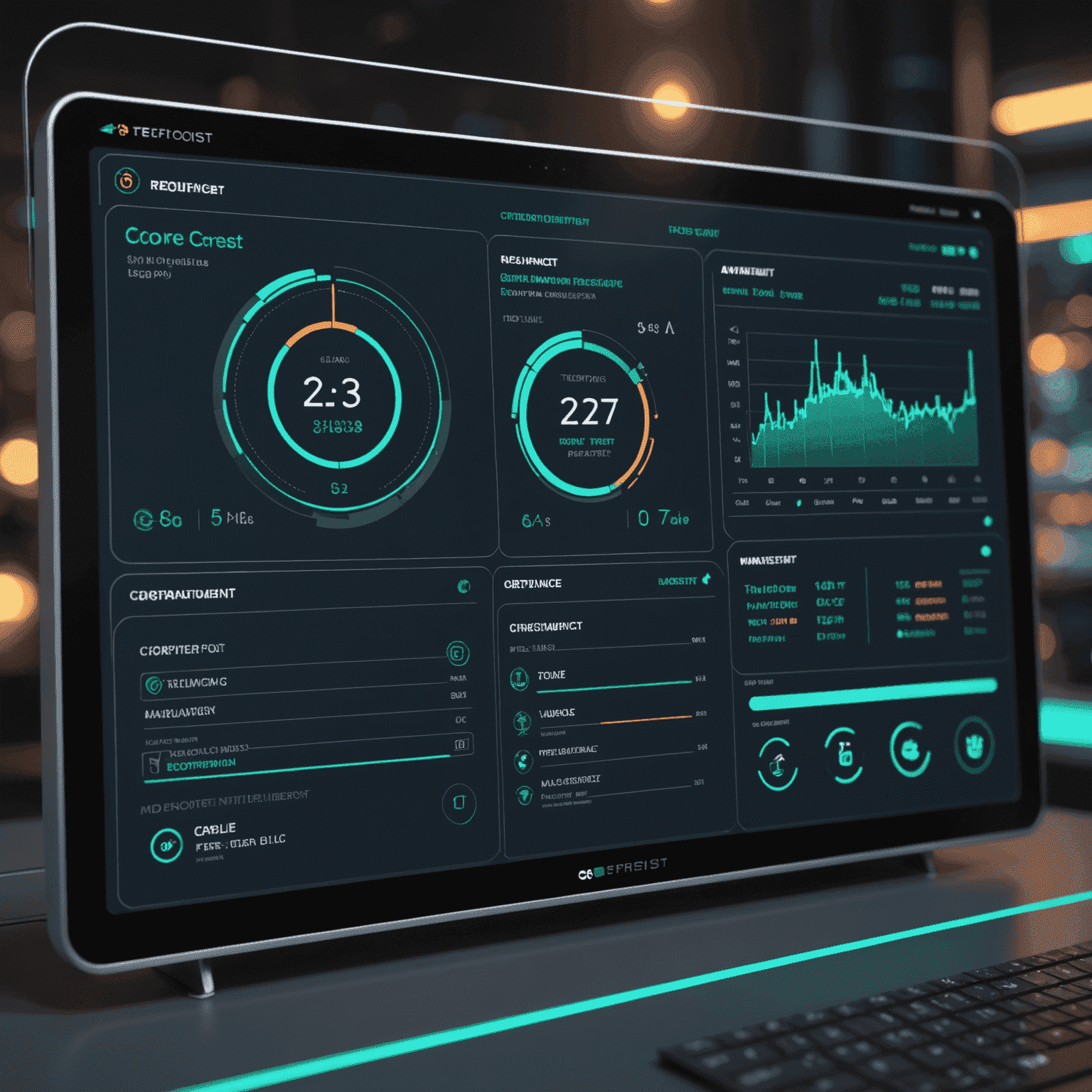 A futuristic image depicting a digital trust management dashboard with glowing regulatory compliance indicators and CoreFirst logo