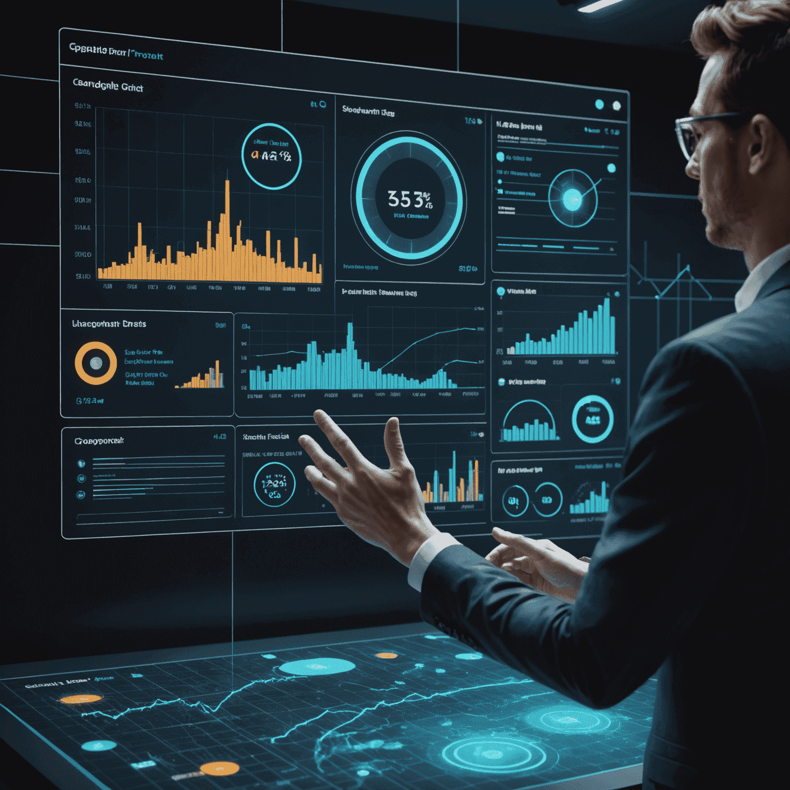 A futuristic graph showing investment growth with holographic projections and a person interacting with the data using gesture controls
