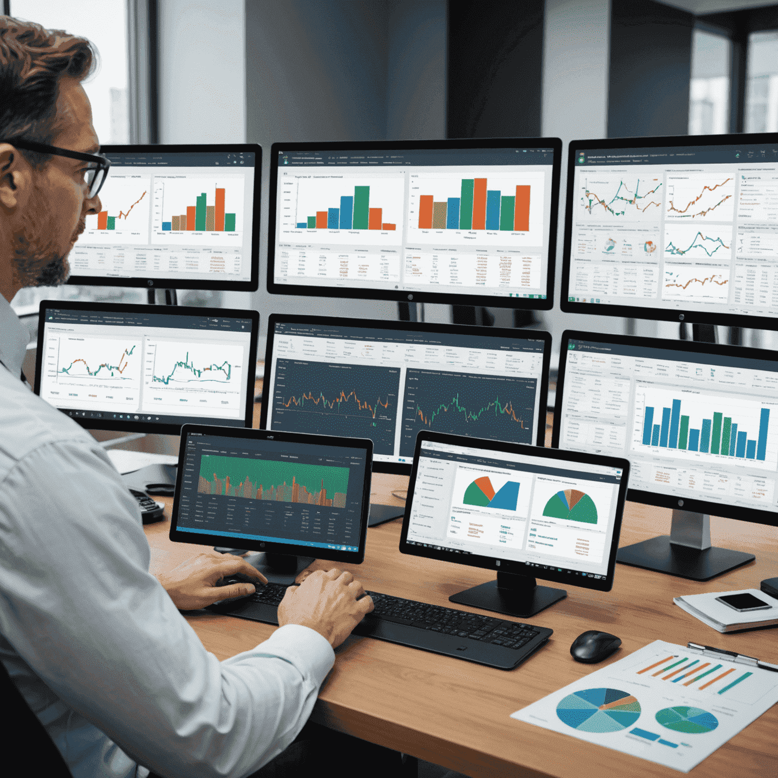 A professional investment manager analyzing financial charts and graphs on multiple screens, showcasing CoreFirst Trust & Service's advanced investment management capabilities