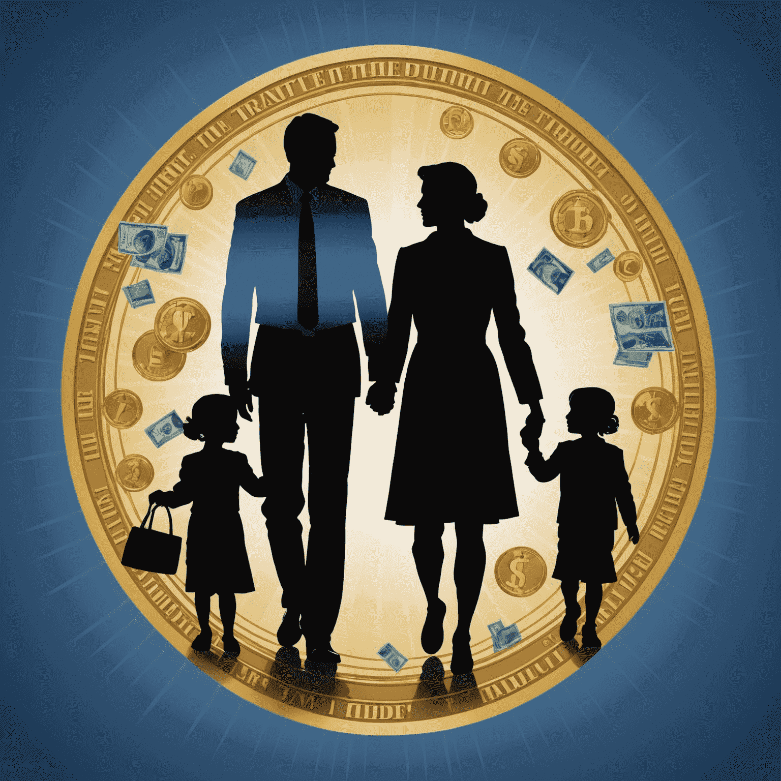 A digital representation of wealth transfer, showing a family silhouette with financial assets flowing from older to younger generations. The image uses a blue and gold color scheme to represent trust and prosperity.