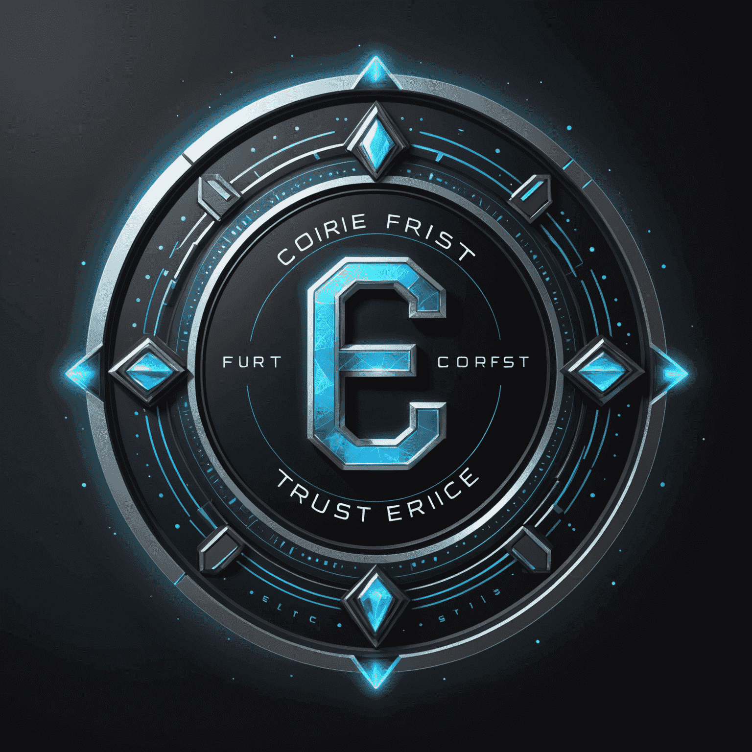 A futuristic CoreFirst Trust & Service logo, featuring a stylized 'CF' monogram surrounded by a glowing, holographic trust seal
