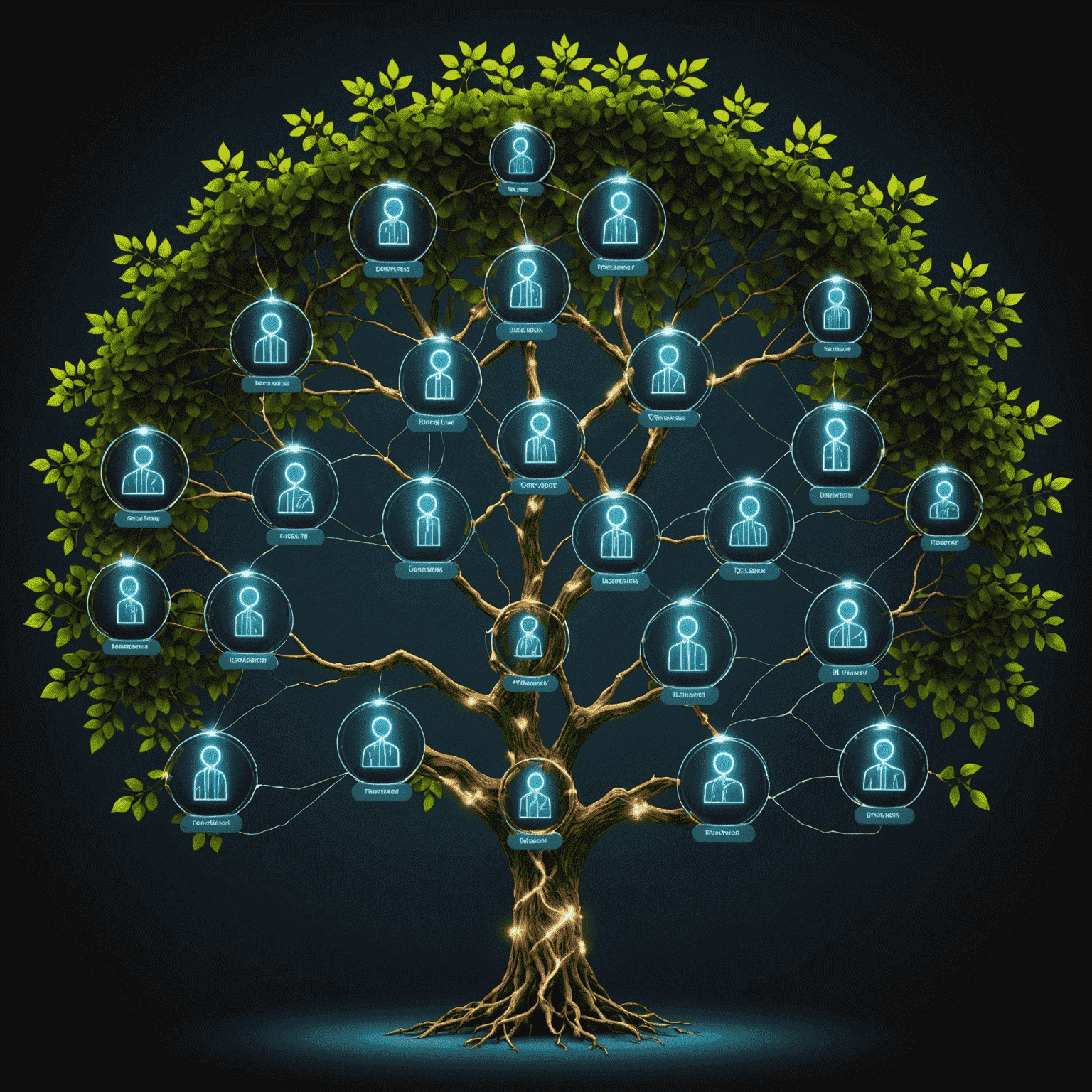 A digital family tree with glowing connections, representing estate planning and asset protection