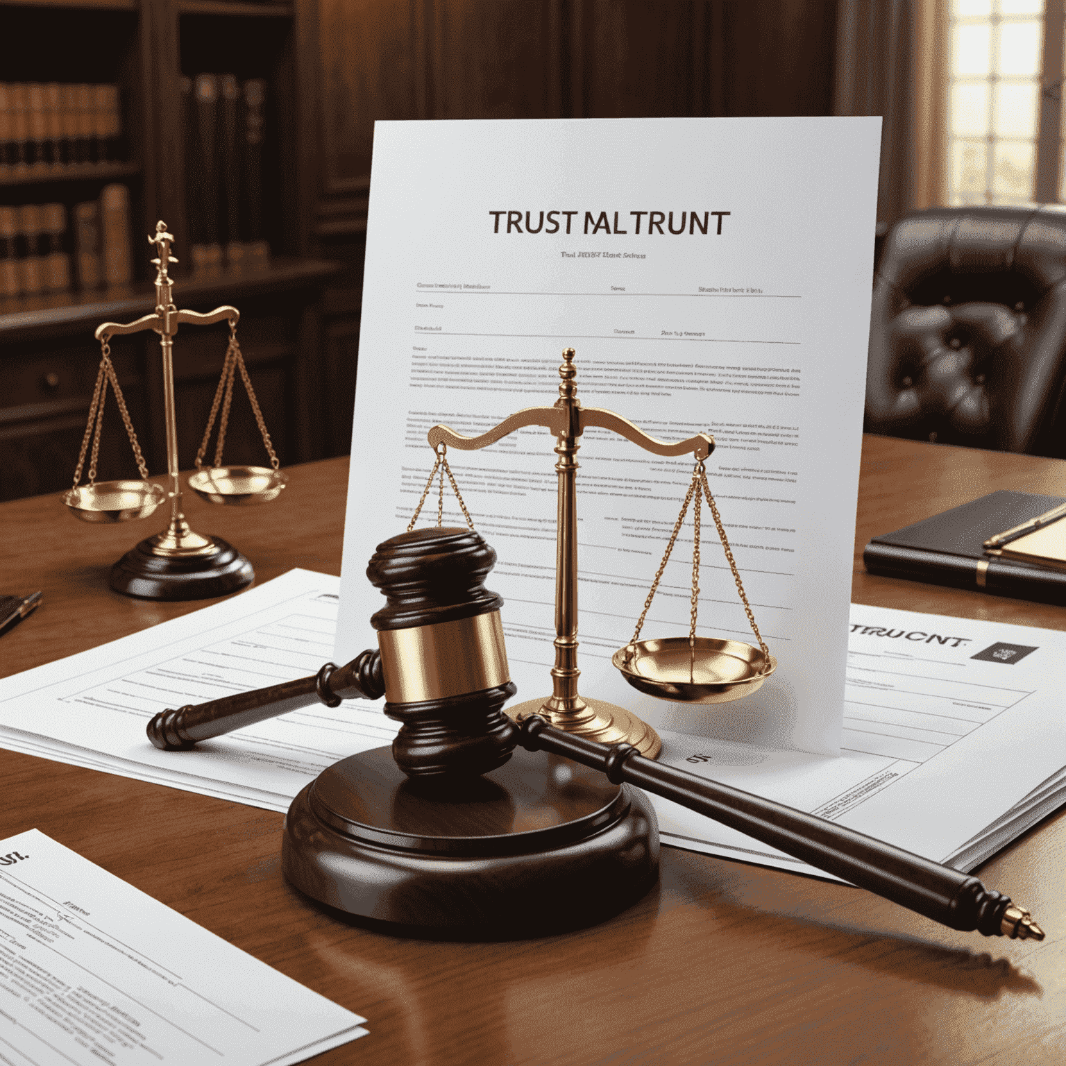 A digital scale balancing a gavel and a trust document, symbolizing the balance between regulations and trust services