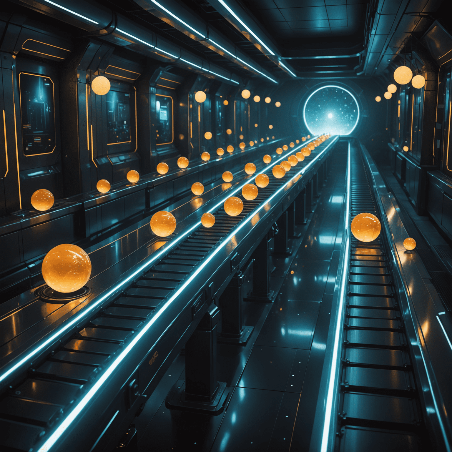 A futuristic conveyor belt transferring glowing orbs representing wealth from one generation to the next