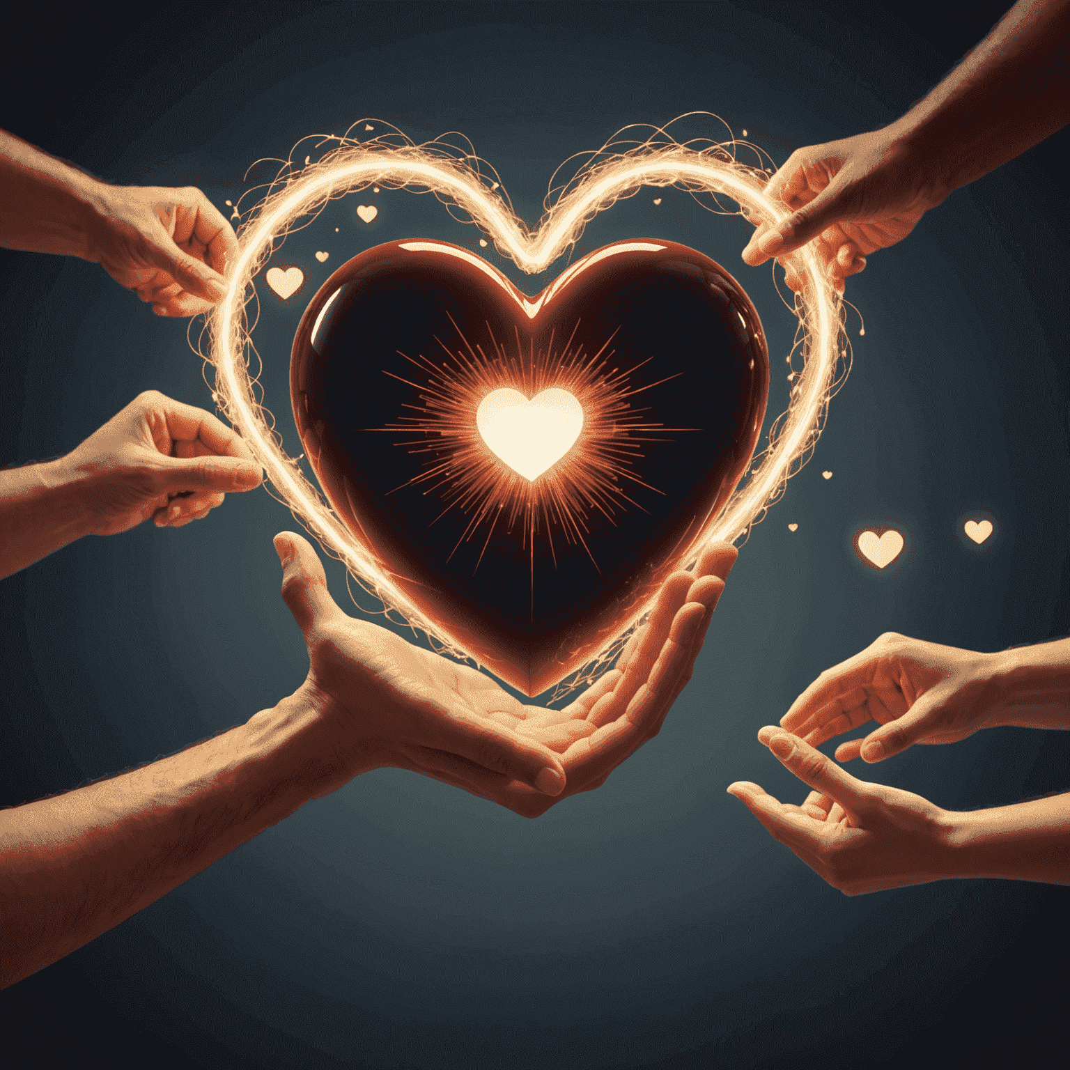A digital hand passing a glowing heart to multiple recipients, representing charitable giving and philanthropy